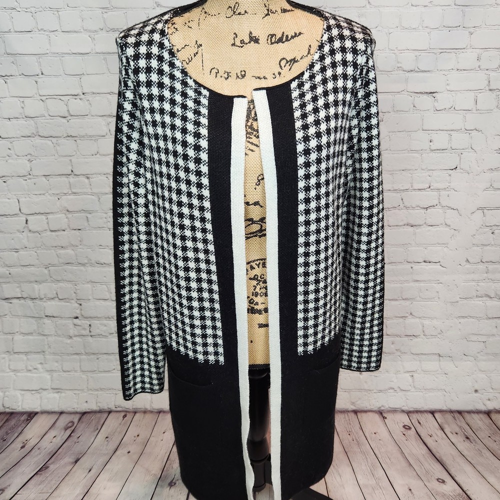 Cocogio Black and White Houndstooth Merino Wool Long Sweater Cardigan Size M